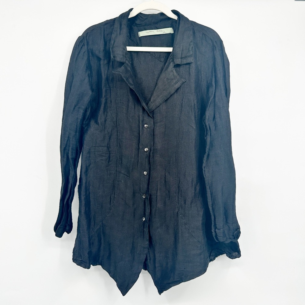 Cynthia Ashby Womens Black Silk Viscose Blend Lagenlook Button Up Tunic Top M